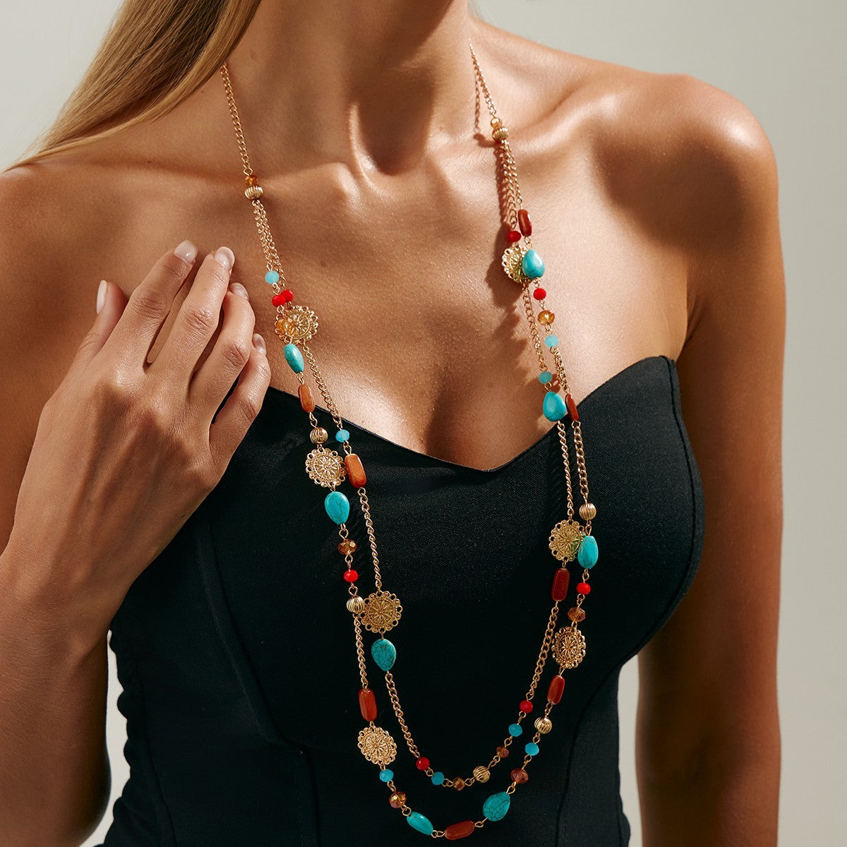 Bohemian Turquoise Beaded Multi-Strand Gold Coin Statement Necklace
