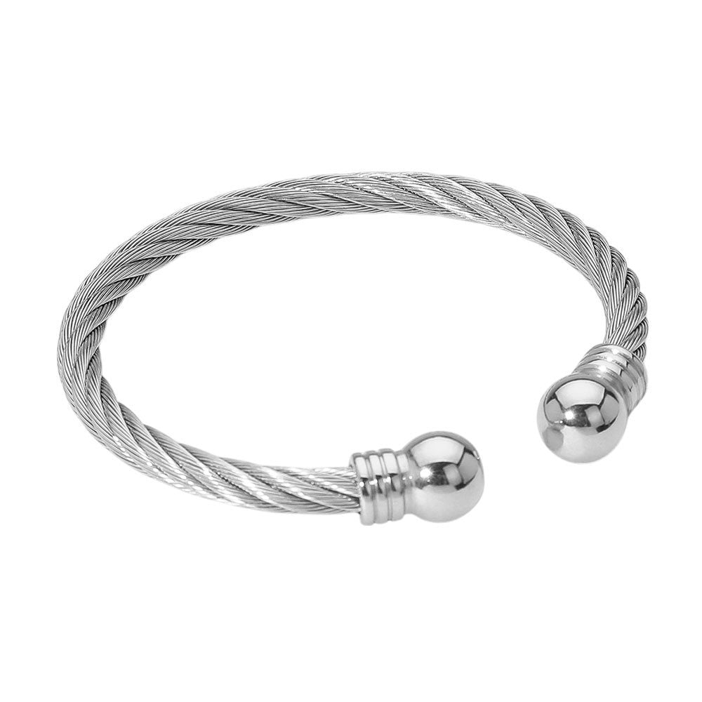 Stainless Steel Cable Cuff Bracelet with Polished Ball Tips Unisex Jewelry