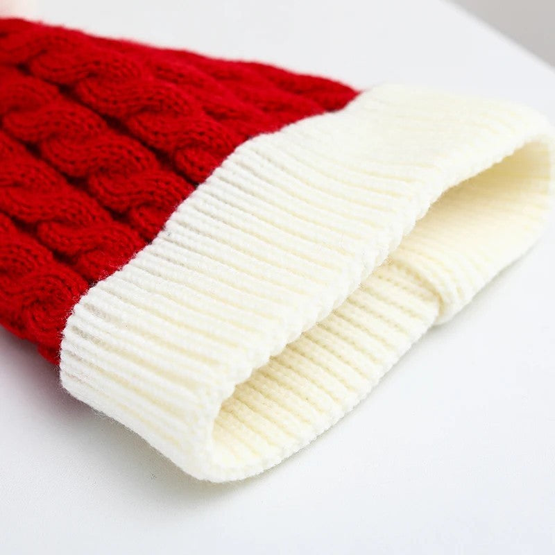 Red White Cotton Cable Knit Beanie Hat Cuffed Winter Faux Fur Pom Pom Cap