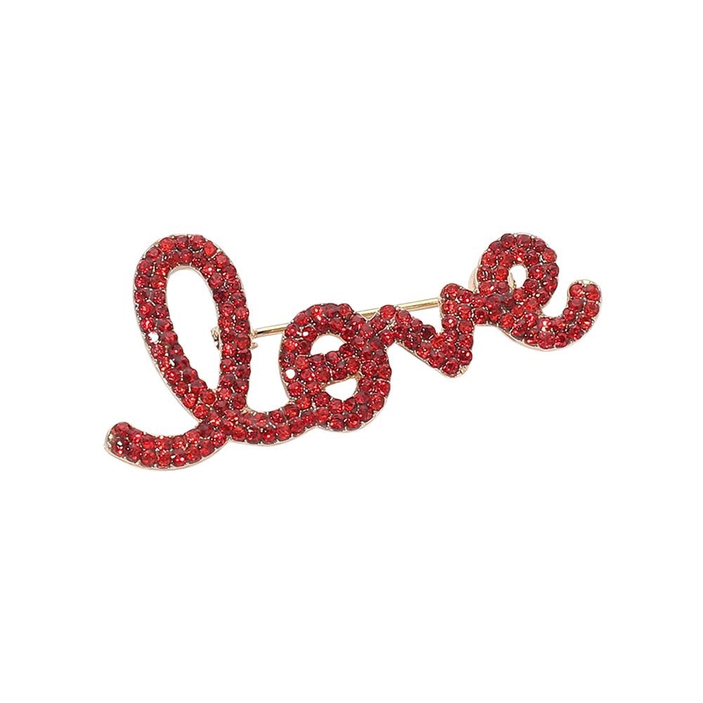 2pc Sparkling Red & Pink Cursive Love Script Rhinestone Brooch Pin Jewelry Set
