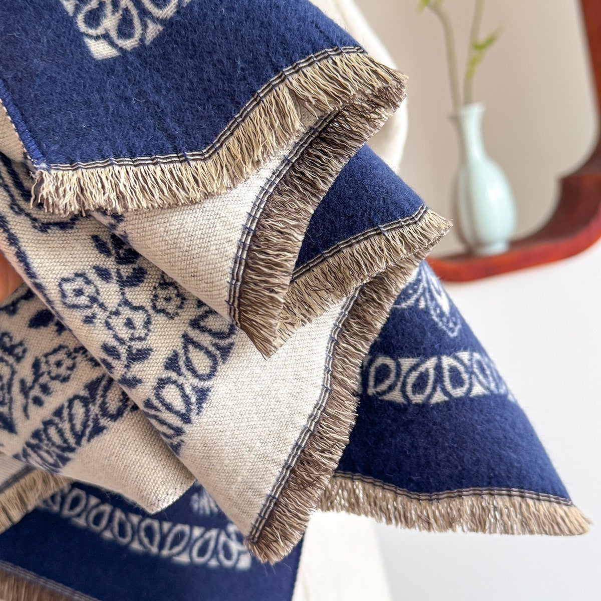 Reversible Blue Beige Paisley Cashmere Feel Scarf Shawl Wrap