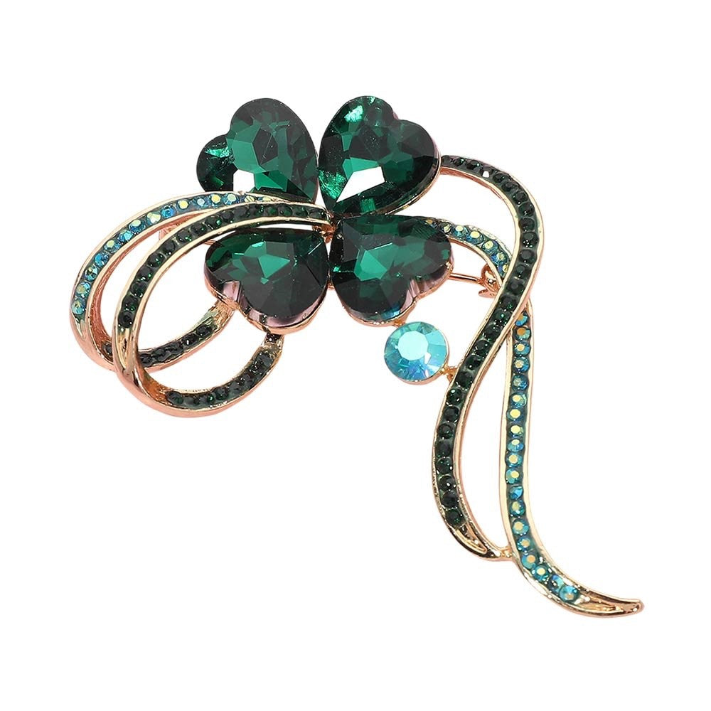 Green Crystal Heart Four Leaf Clover Brooch - Lucky Shamrock Gold Tone Pin