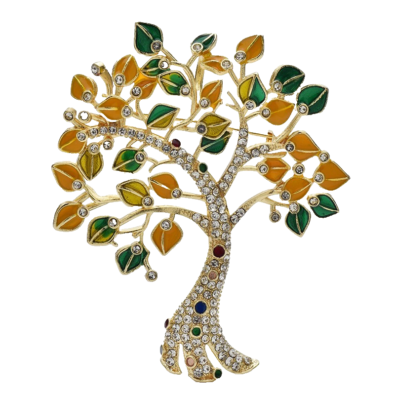 Tree of Life Brooch Rhinestone Enamel Gold Tone Leaf Branch Plant Pin