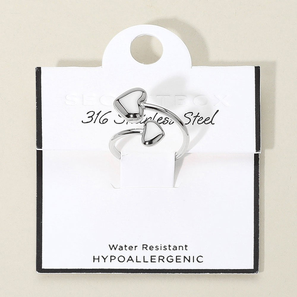 2PCS Adjustable Stainless Steel Heart Tip Rings Minimalist Open Band Jewelry