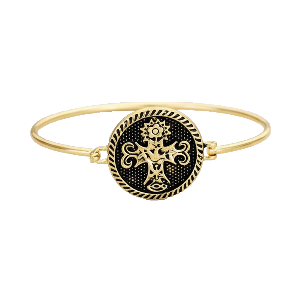 Gold Ornate Cross Medallion Bangle - Etched Religious Iconography Jewelry