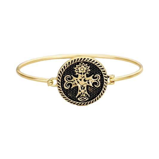 Gold Ornate Cross Medallion Bangle - Etched Religious Iconography Jewelry