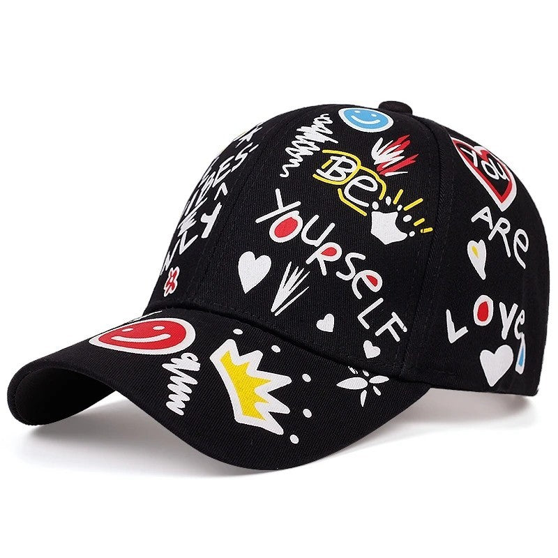 2pcs Graffiti Print Baseball Cap Be Yourself Inspirational Snapback Hat Set