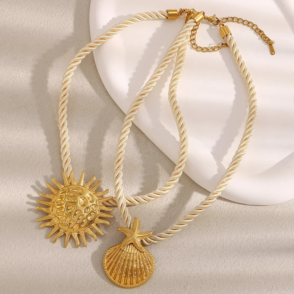 Thick Rope Starfish Pendant Necklace Stainless Steel Woven Beach Summer Jewelry