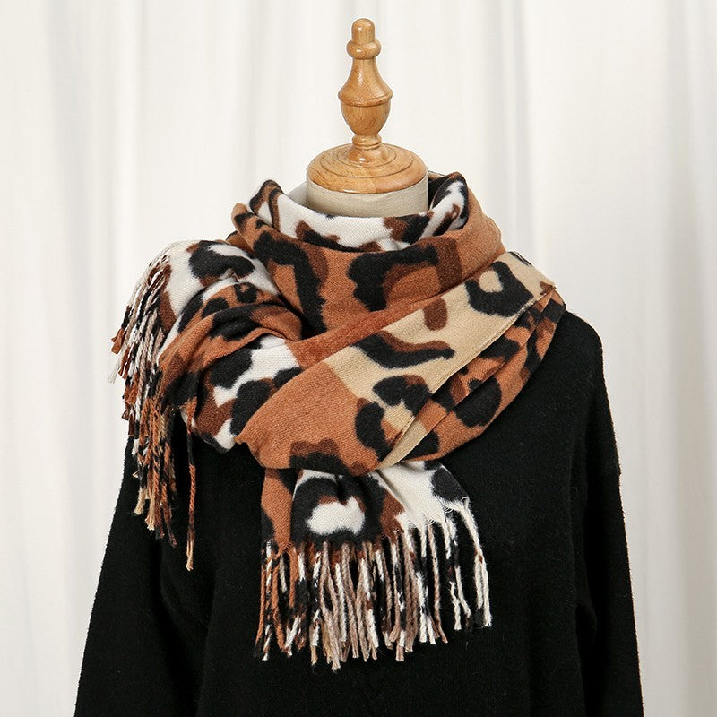 Patchwork Leopard Animal Print Scarf Shawl Oversized Cozy Tassel Wrap Winter