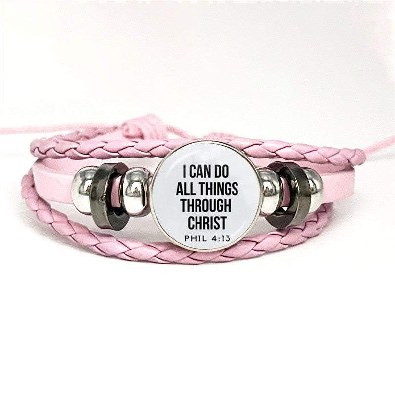 Black & Pink Braided Leather Couple Bracelet Set Psalm 46:10 Be Still Christian