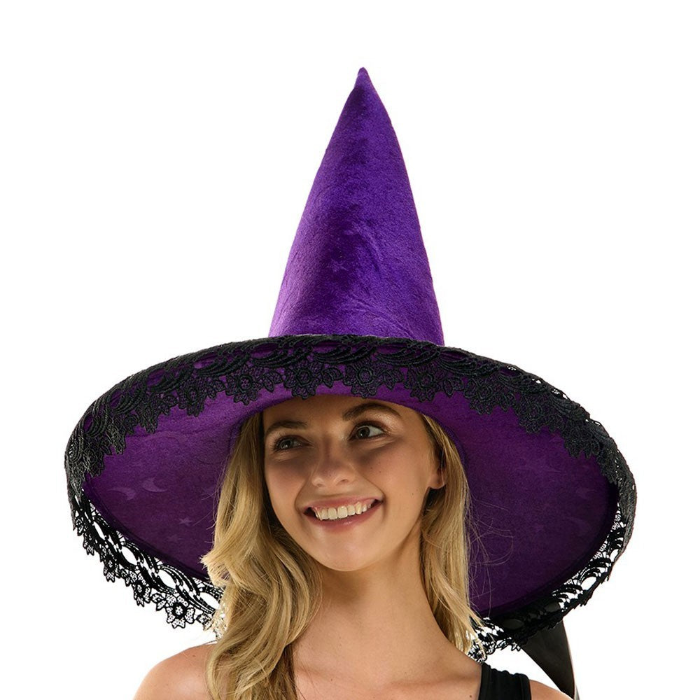 Velvet Purple Witch Hat Black Lace Trim Halloween Costume Accessory Adult