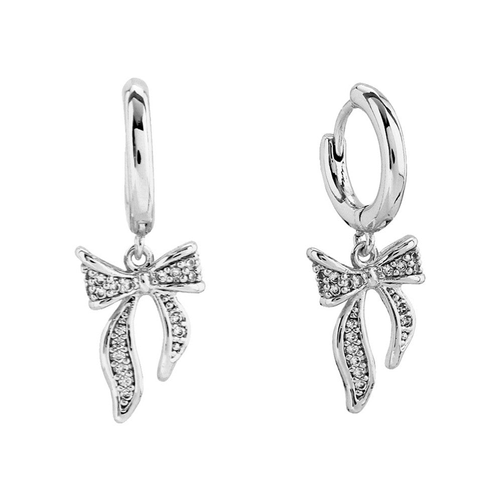 White Gold Dipped Cubic Zirconia Bow Huggie Hoop Earrings Coquette Jewelry Gift