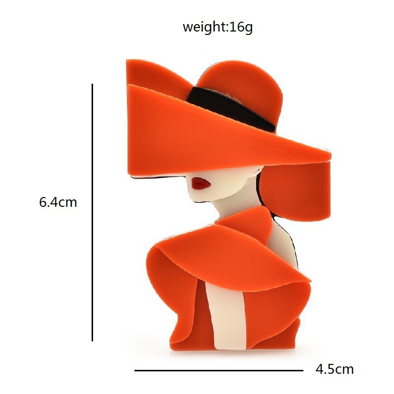 Orange Pop Art Lady Brooch Pin Acrylic Modern Woman Hat Statement Jewelry Gift