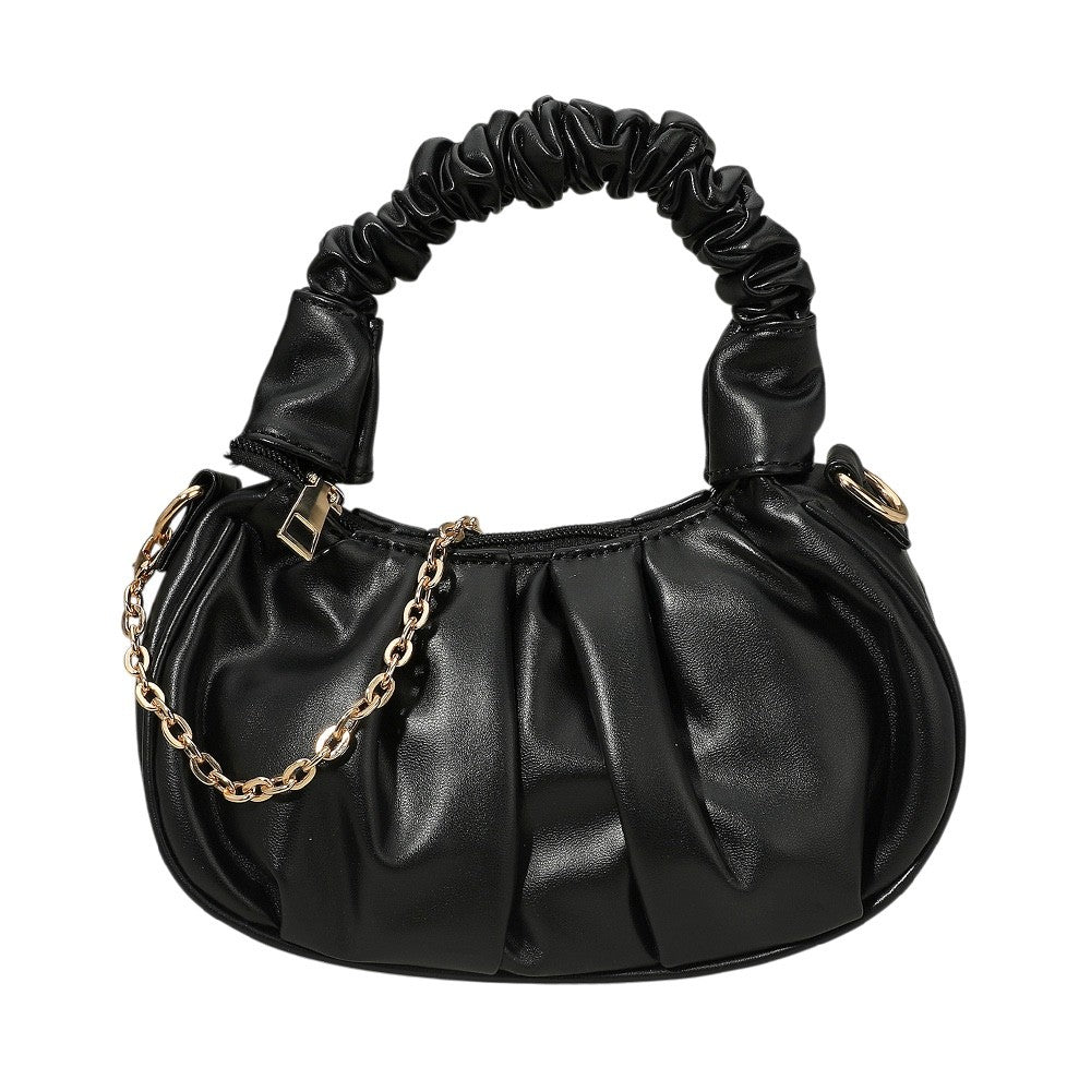 Black Ruched Vegan Leather Handbag with Scrunchie Handle and Gold Chain Link