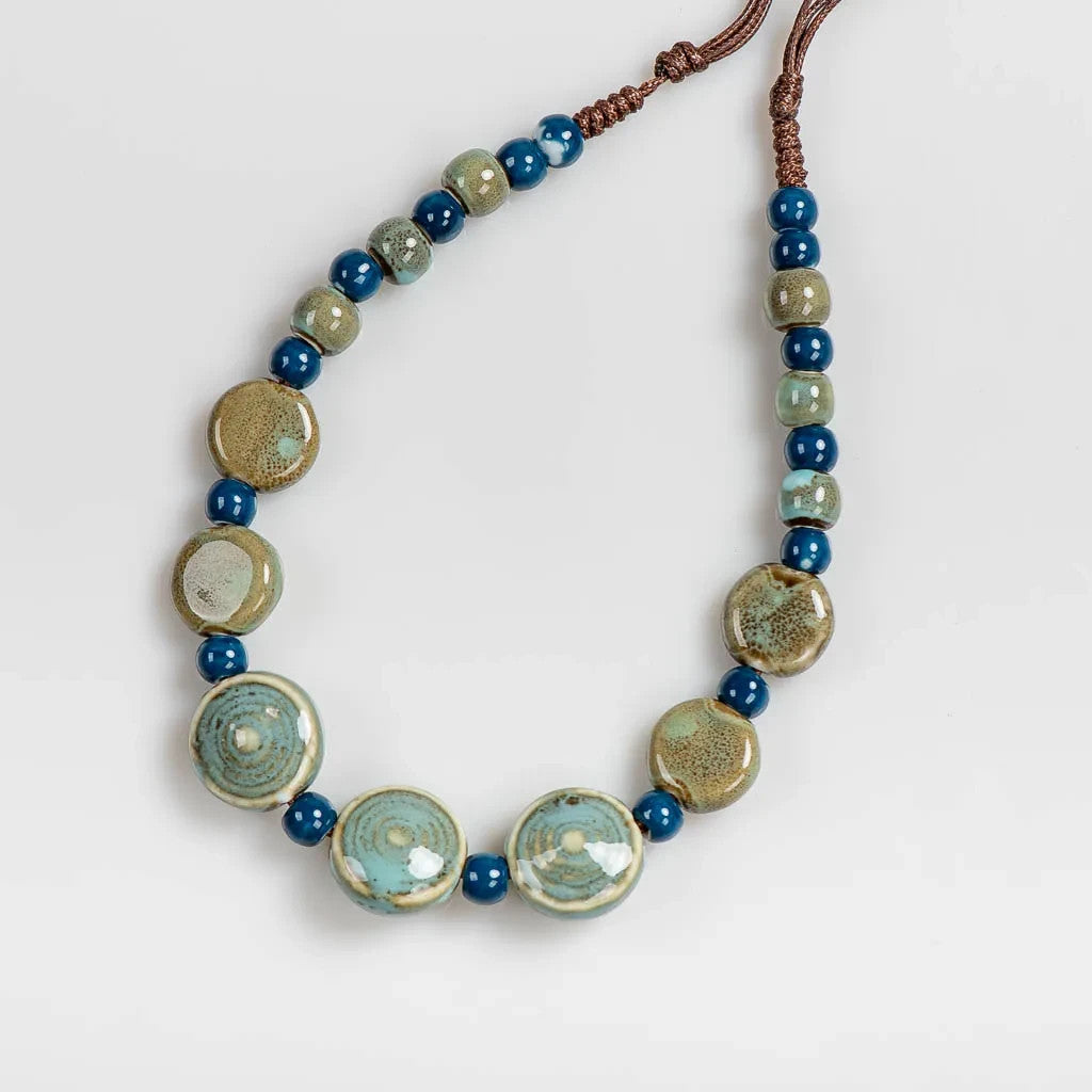 Blue Round Beaded Ceramic Necklace Handmade Retro Boho Jewelry for Women