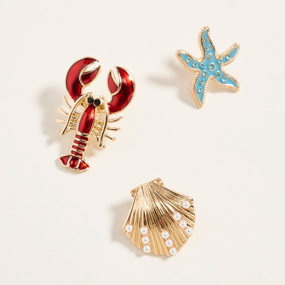3pc Nautical Sea Life Brooch Set Red Lobster Gold Shell Blue Starfish Pins