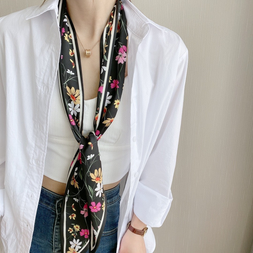 2 Pack Black White Floral Skinny Scarf Set Twilly Foulard Thin Neck Tie Ribbons