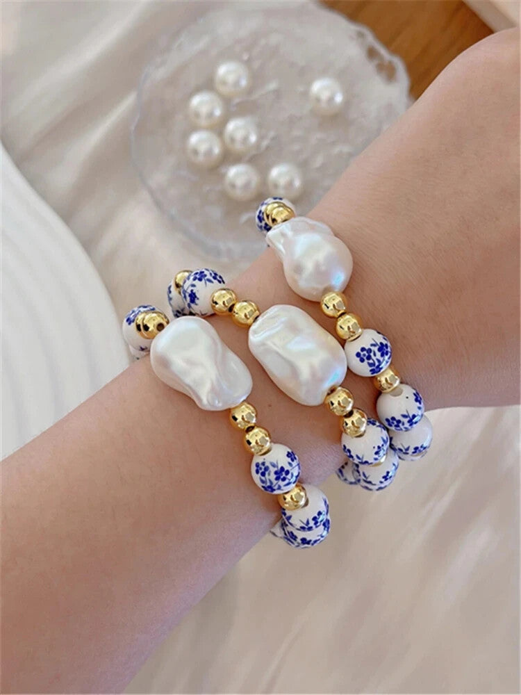Imitation Baroque Pearl Elastic Bracelet Blue White Porcelain Beaded Jewelry