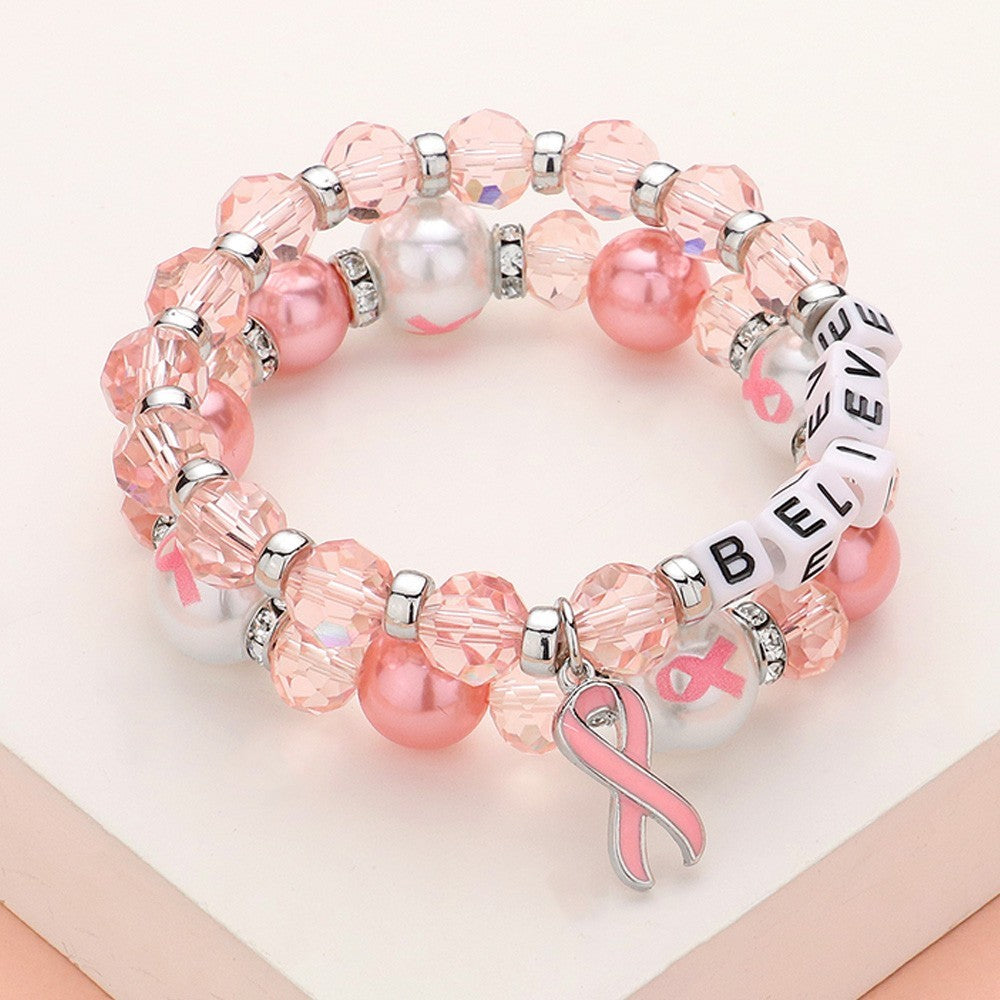 2PCS BELIEVE Message Pointed Pink Ribbon Beaded Stretch Double Layered Bracelets