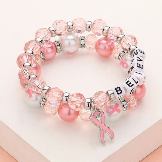 2PCS BELIEVE Message Pointed Pink Ribbon Beaded Stretch Double Layered Bracelets
