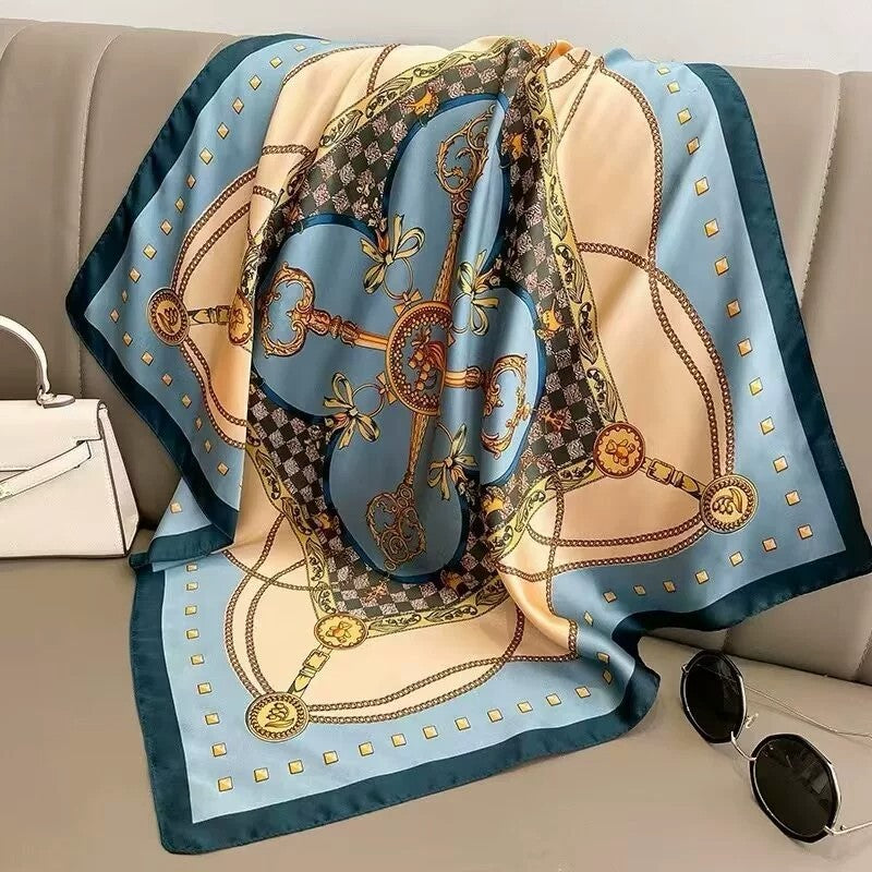 2pcs  Luxury Silk Feel Square Scarf Blue Gold Chain Medallion Print Equestrian