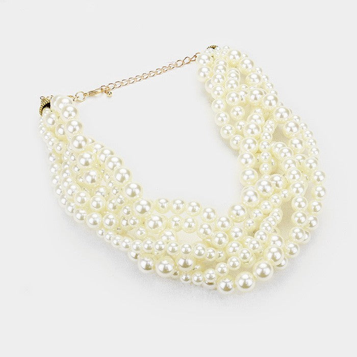 Faux Pearl Multi-Strand Necklace and Earring Set Gold-Tone Bridal Jewelry