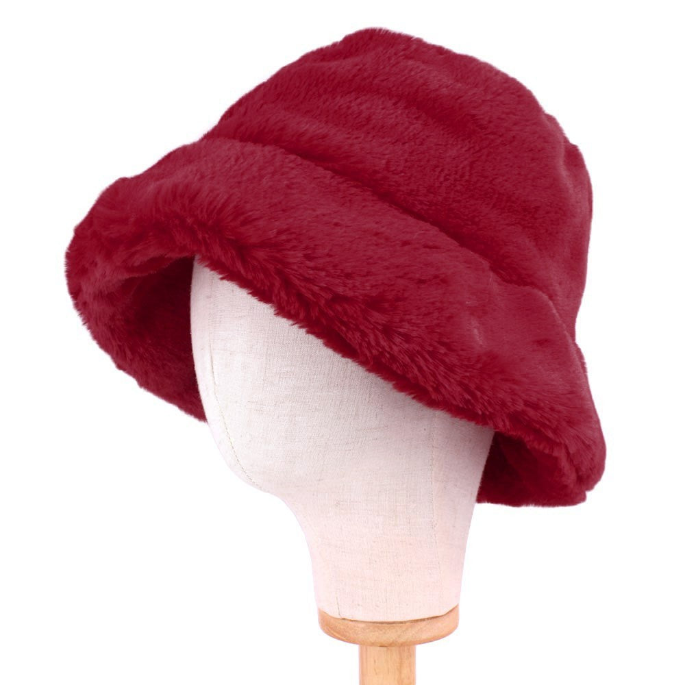 Vintage Red Faux Fur Bucket Hat Fluffy Fuzzy Cloche Winter Warm Y2K Plush Cap