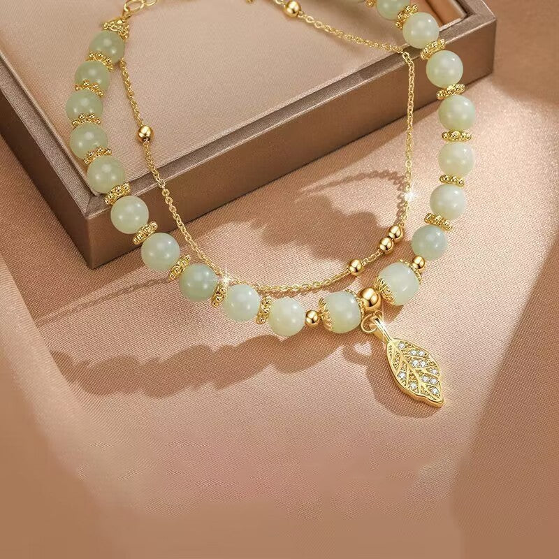 3pcs Green Jade Beaded Bracelets with Gold Leaf Charm & Chain Women's Jewelry