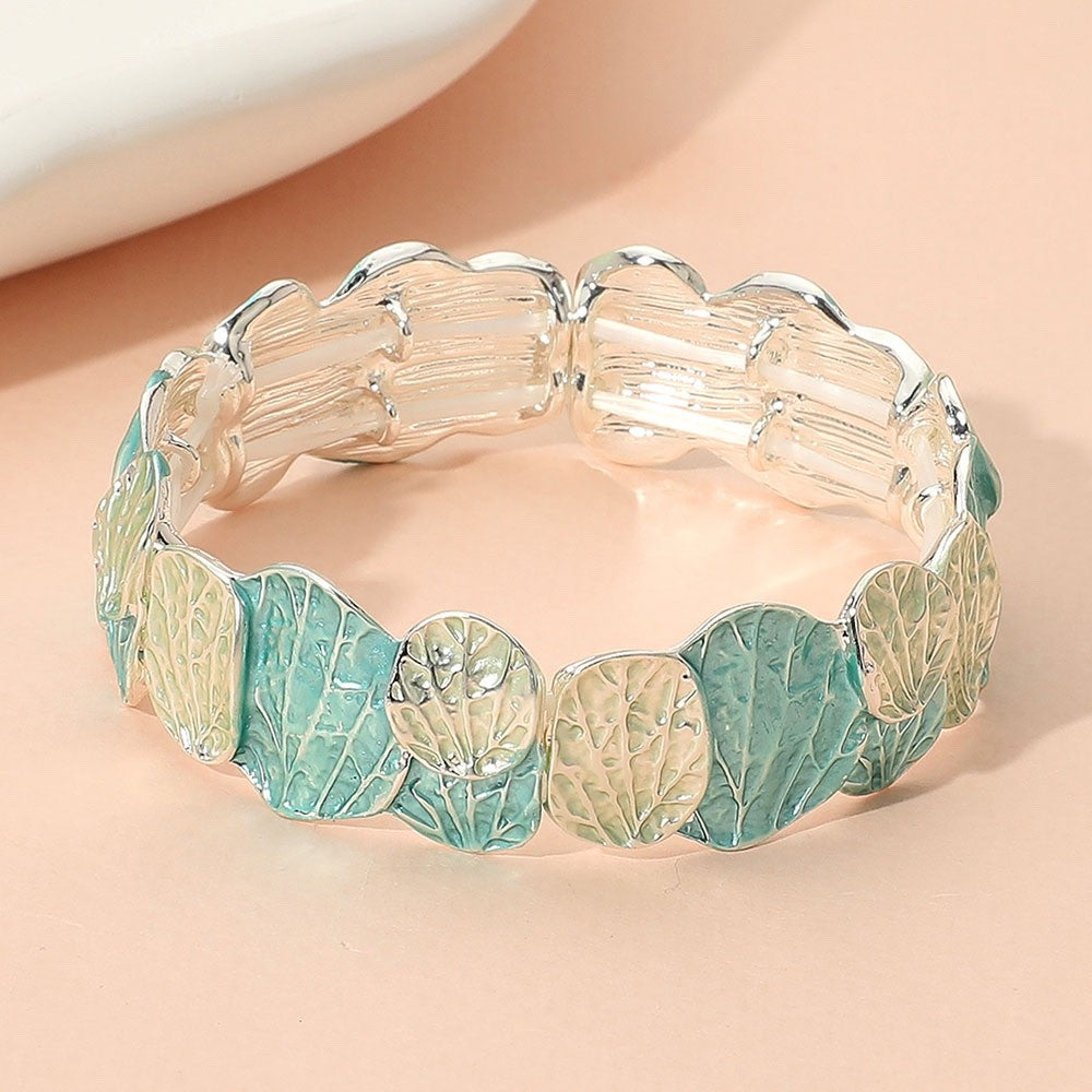 Silver Green Enamel Leaf Pattern Stretch Bracelet Nature Inspired Jewelry