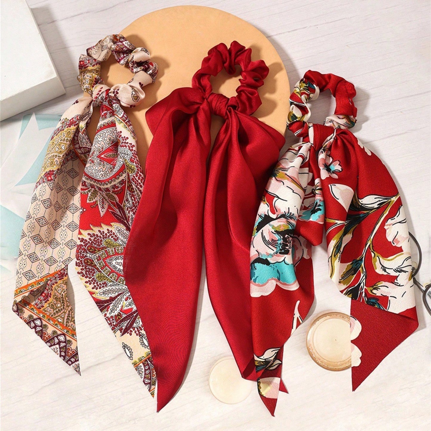 3pcs Red Floral Paisley Satin Scarf Scrunchies Hair Bow Ponytail Holder
