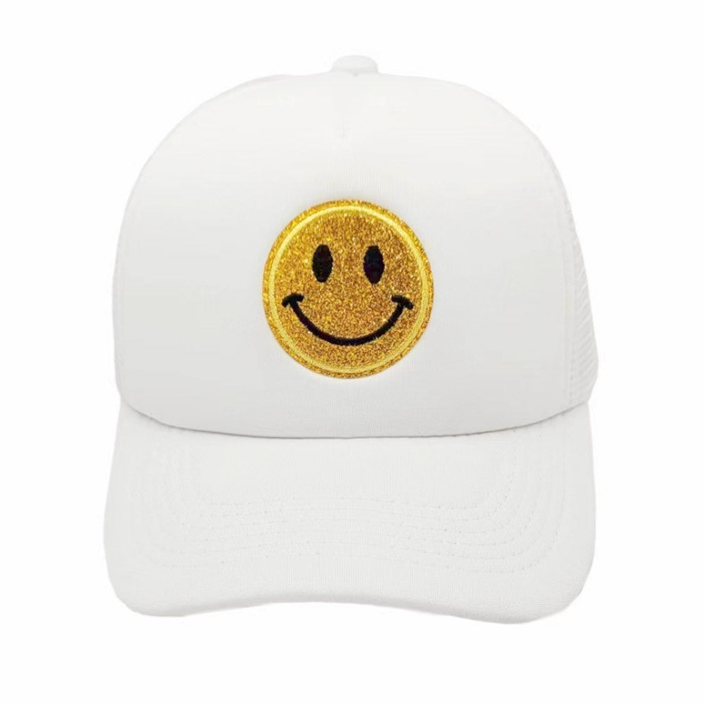 Smile Emoji Patch Accented Trucker Hat White Mesh Back Curve Brim Adjustable