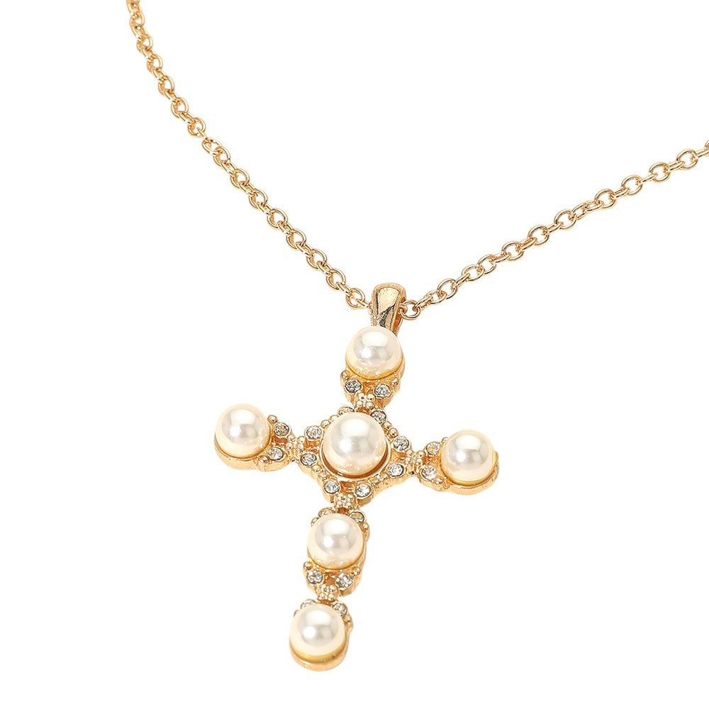 Faux Pearl Cross Pendant Necklace Gold Tone Rhinestone Religious Fashion Jewelry