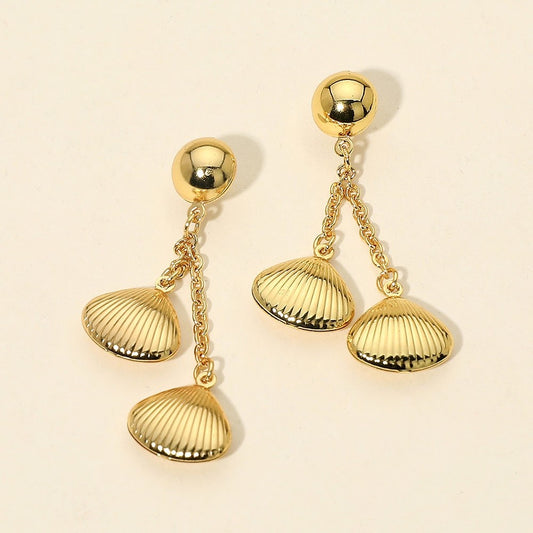 Gold Nautical Double Scallop Seashell Dangle Earrings Summer Beach Jewelry