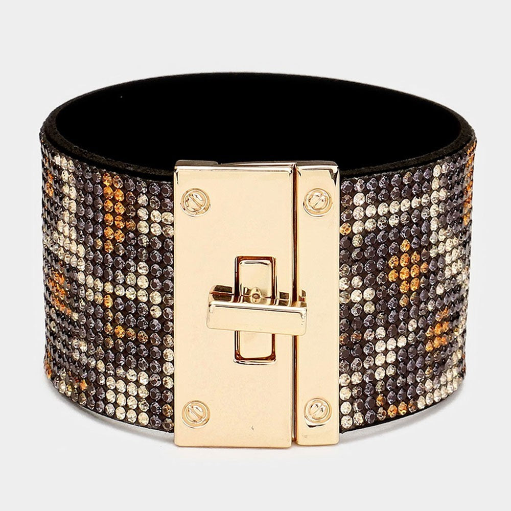 Rhinestone Mosaic Wide Bracelet Gold Turn-Lock Clasp Statement Jewelry for Women