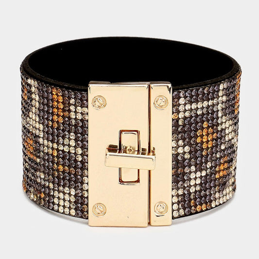 Rhinestone Mosaic Wide Bracelet Gold Turn-Lock Clasp Statement Jewelry for Women