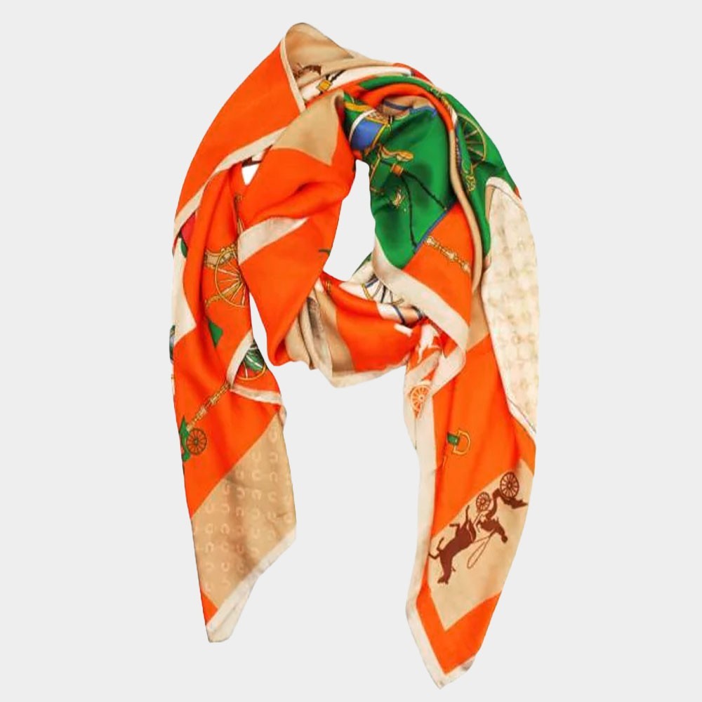 Orange Carriage Print Satin Oblong Scarf – Elegant Silky Wrap Shawl for Women
