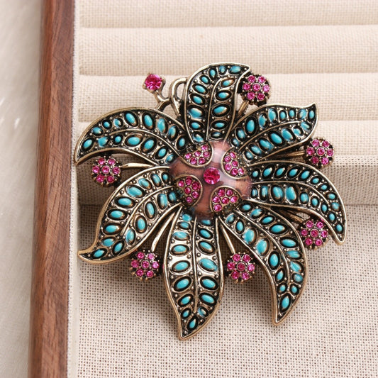 Vintage Gold Tone Flower Brooch Turquoise & Pink Rhinestone Floral Pin