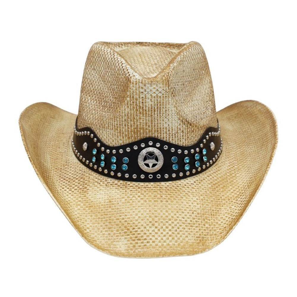 Natural Woven Straw Cowboy Hat with Star Concho Turquoise Beaded