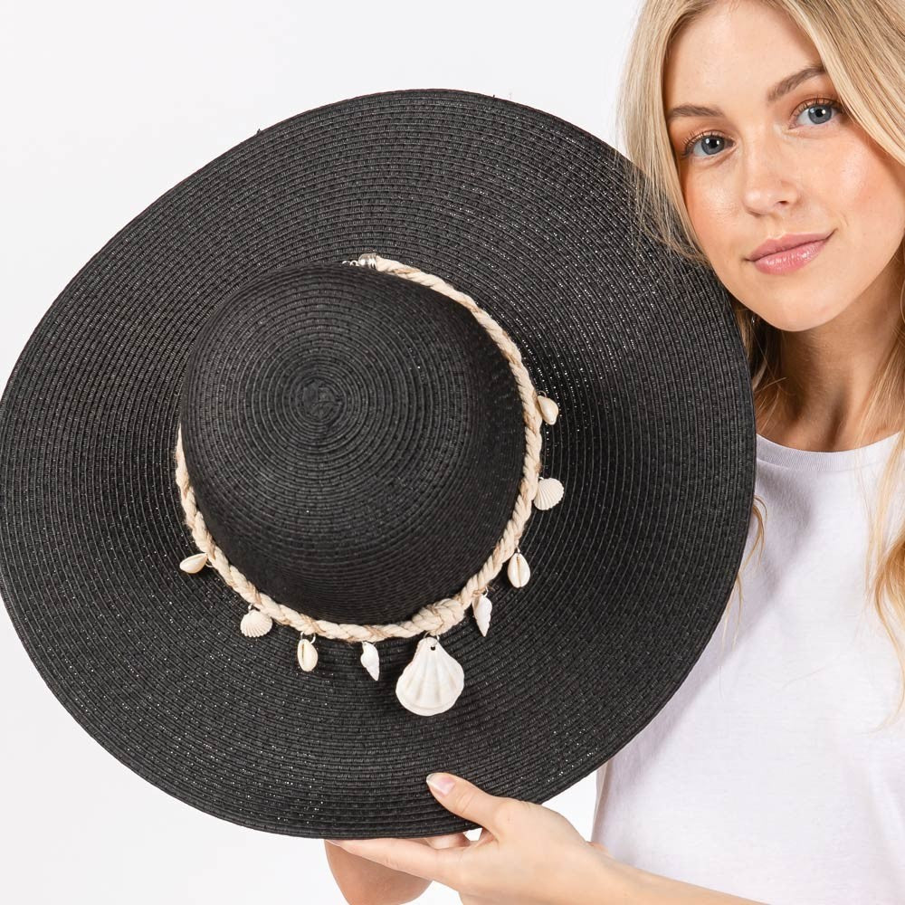 Shell and Conch Braided Band Straw Sun Hat for Women Wide Brim Beach Hat Summer