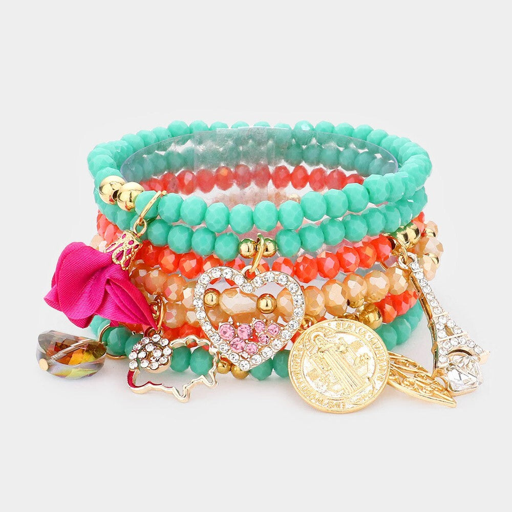 7PCS Charm Beaded Bracelets Set Eiffel Tower Heart Flower Leaf for Women