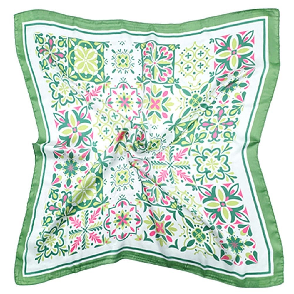 Green Pink Mosaic Floral Print Silk Feel Square Neck Scarf Head Wrap