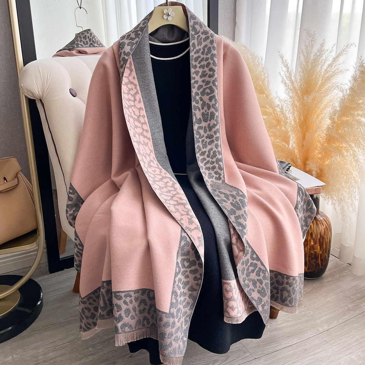 Pink Gray Leopard Print Shawl Wrap Scarf Oversized Blanket Cashmere Feel Tassel