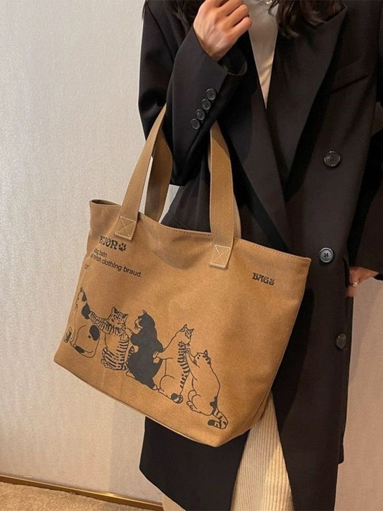 Cute Cat Canvas Tote Bag Khaki – Reusable Animal Print Shopper Shoulder Handbag
