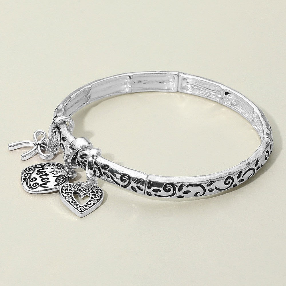 Sister Message Bow Heart Charm Stretch Band Bracelet Engraved Adjustable Silver