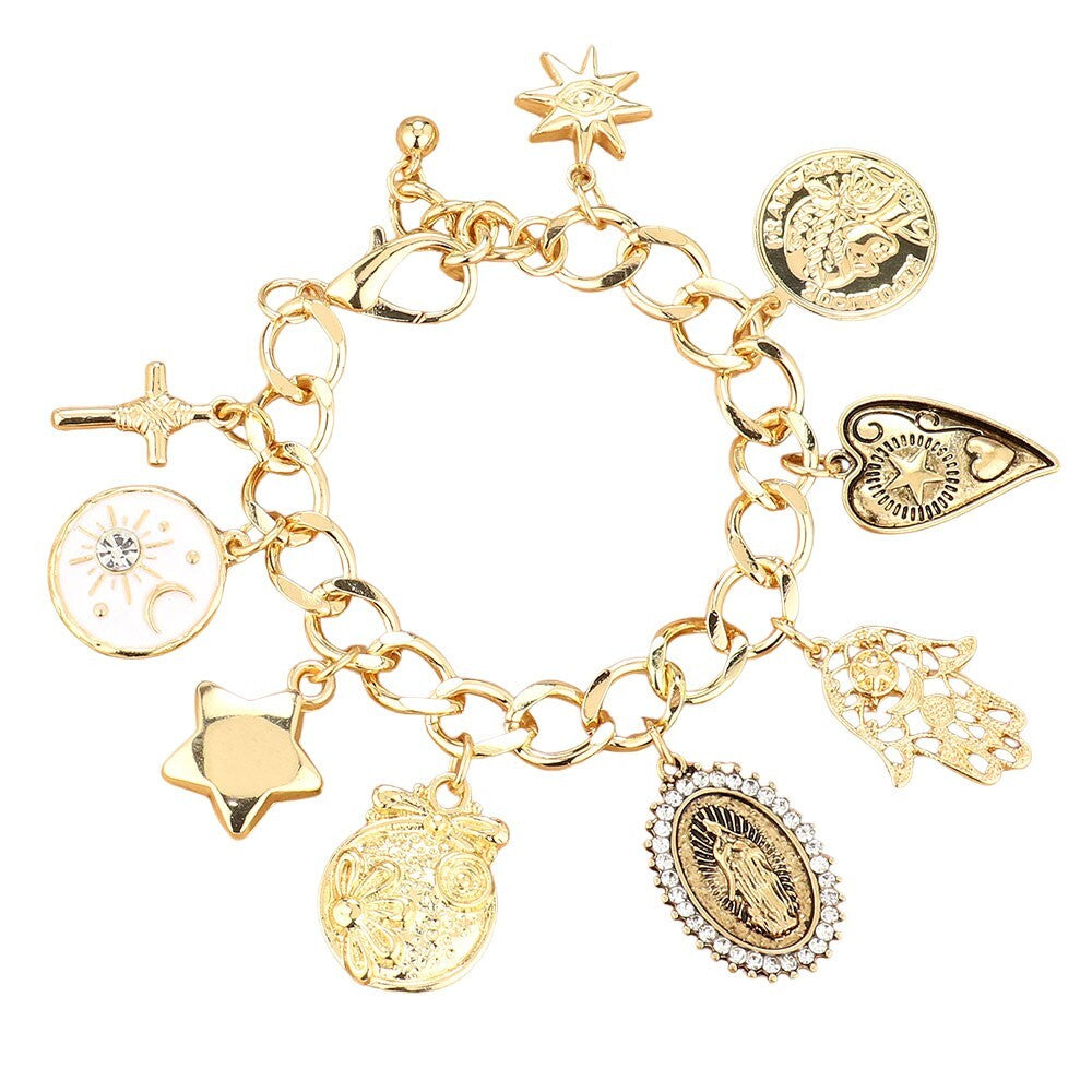 Lady Guadalupe Cross Heart  Star Charms  Bracelet Gold Chain Spiritual Jewelry