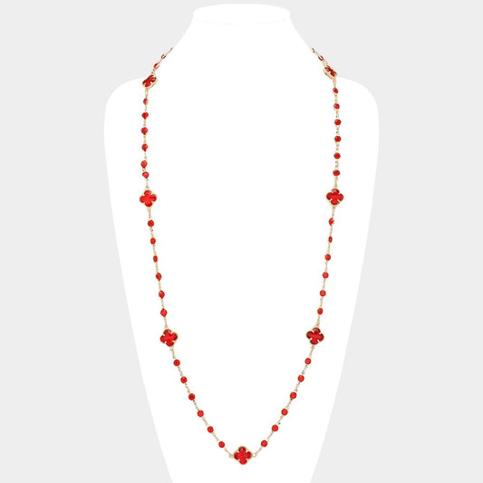 Gold Tone Long Clover Station Necklace Red  Crystal Quatrefoil Designer Inspire