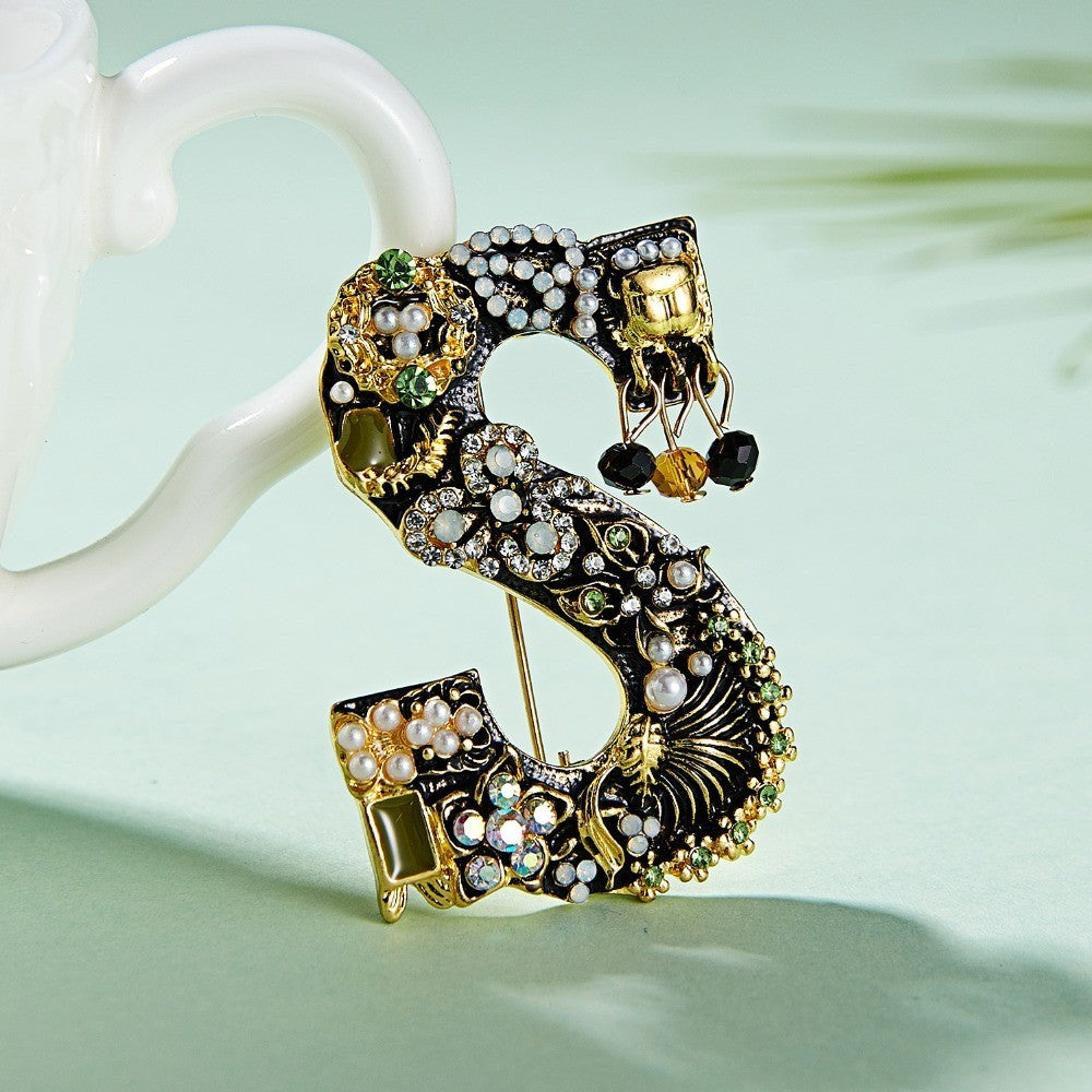 Vintage Initial S Brooch Crystal Pearl Letter S Pin Gold Tone Fashion Jewelry