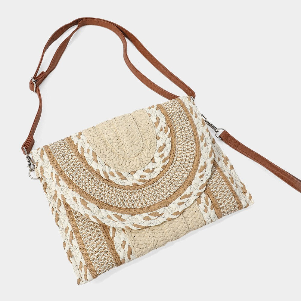 Multi Pattern Straw Clutch Crossbody Bag Boho Woven Handbag with Shoulder Strap