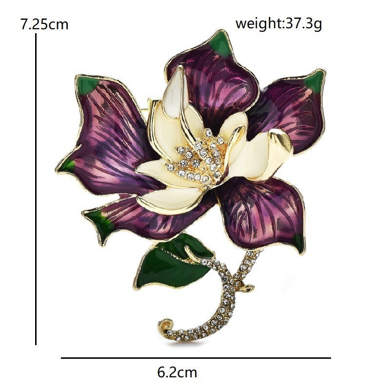 Purple Orchid Flower Brooch Enamel Rhinestone Gold Tone Floral Pin Statement