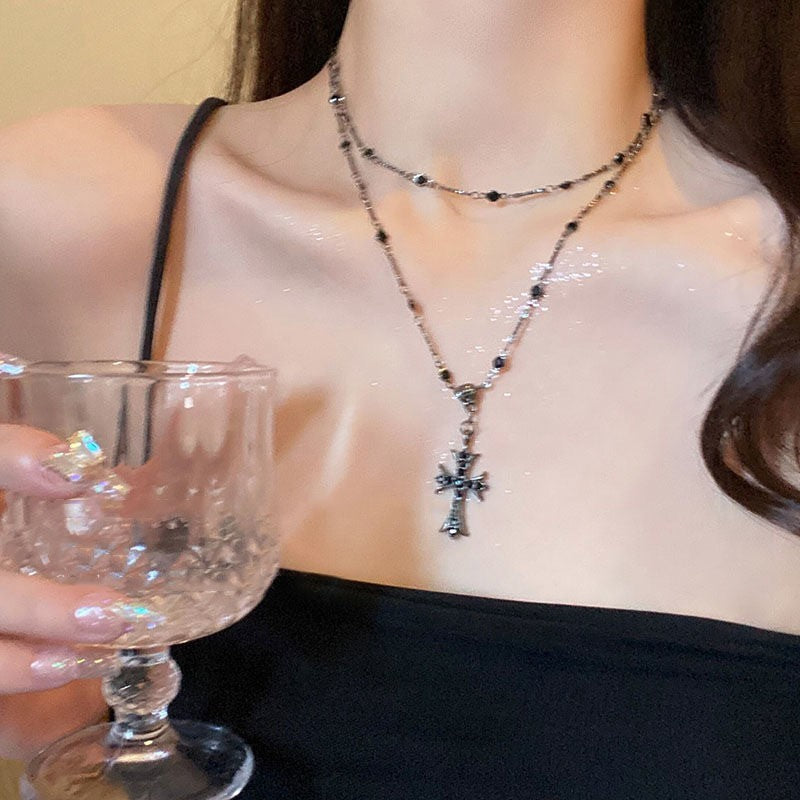 Black Cross Necklace with Beaded Chain for Women Gothic Vintage Jewelry Gift